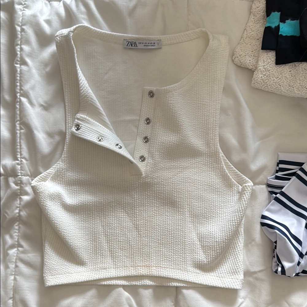 Zara Cream Ribbed Polo Tank Top